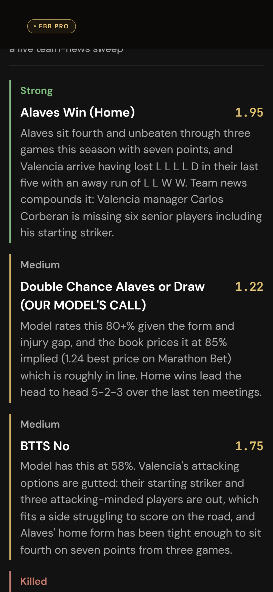 The desk's written card on a match page: headline, verdict, the reason and team news
